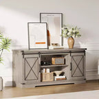 Meuble TV de style ferme pour téléviseurs jusqu'à 65 pouces, meuble de divertissement avec portes coulissantes de grange et armoires de rangement, console multimédia pour salon, chambre à coucher