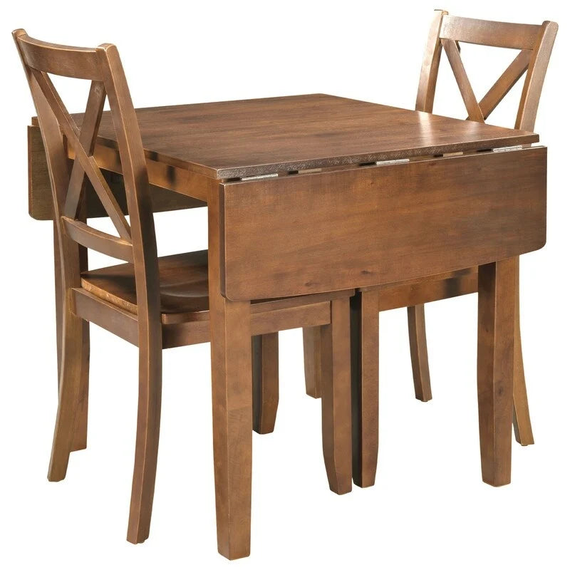 Ensemble de salle à manger 3 pièces avec table à rabats en bois et 2 chaises à dossier en X pour petits espaces