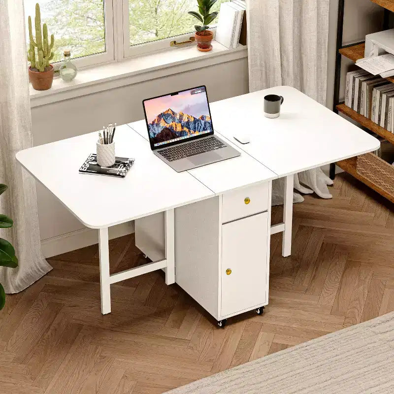 Table de salle à manger pliable ATJafurn 59 avec abattants pour petits espaces, table de cuisine rectangulaire en bois extensible avec roulettes et rangement