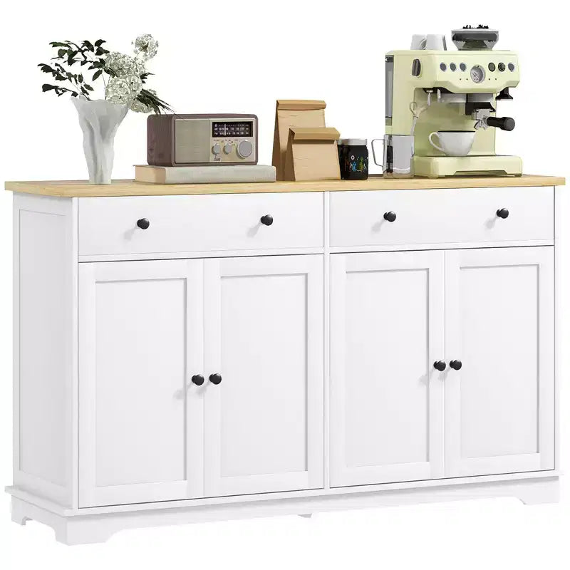 Buffet bas HOMCOM avec rangements, Meuble de cuisine moderne avec 4 portes, 2 tiroirs et 2 étagères réglables, Meuble de bar à café