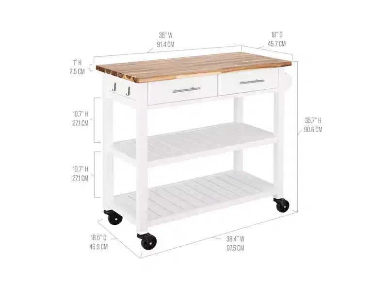 Desserte de cuisine roulante avec plateau en bois d'acacia, tiroirs, 97,5 cm L x 47 cm P, Blanc