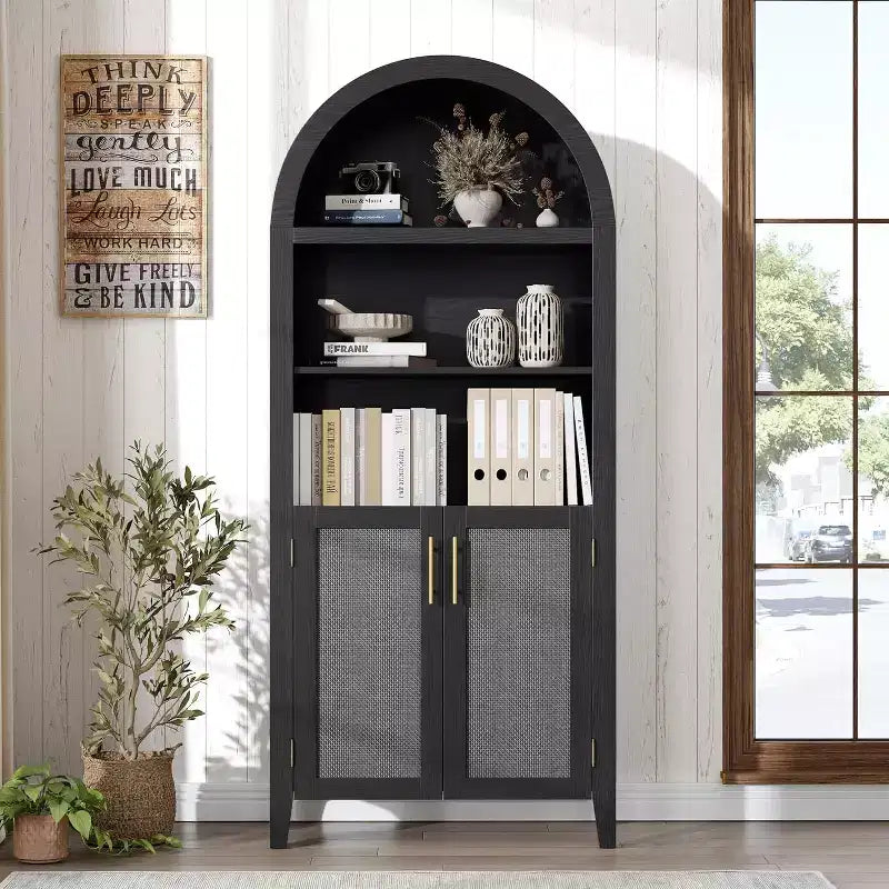 Acekool Armoire de cuisine bombée avec portes en rotin, meuble de rangement de ferme à 5 niveaux pour cuisine, salle à manger, salon