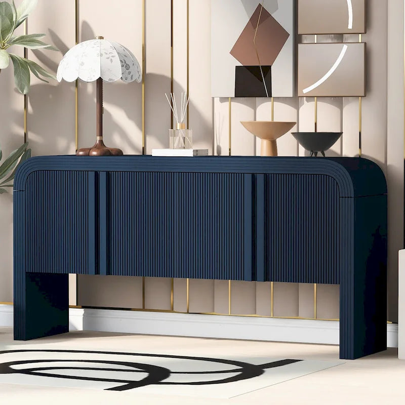 Buffet de rangement arqué avec 4 portes à rayures et étagères réglables, armoires d'entrée modernes avec pieds en pin