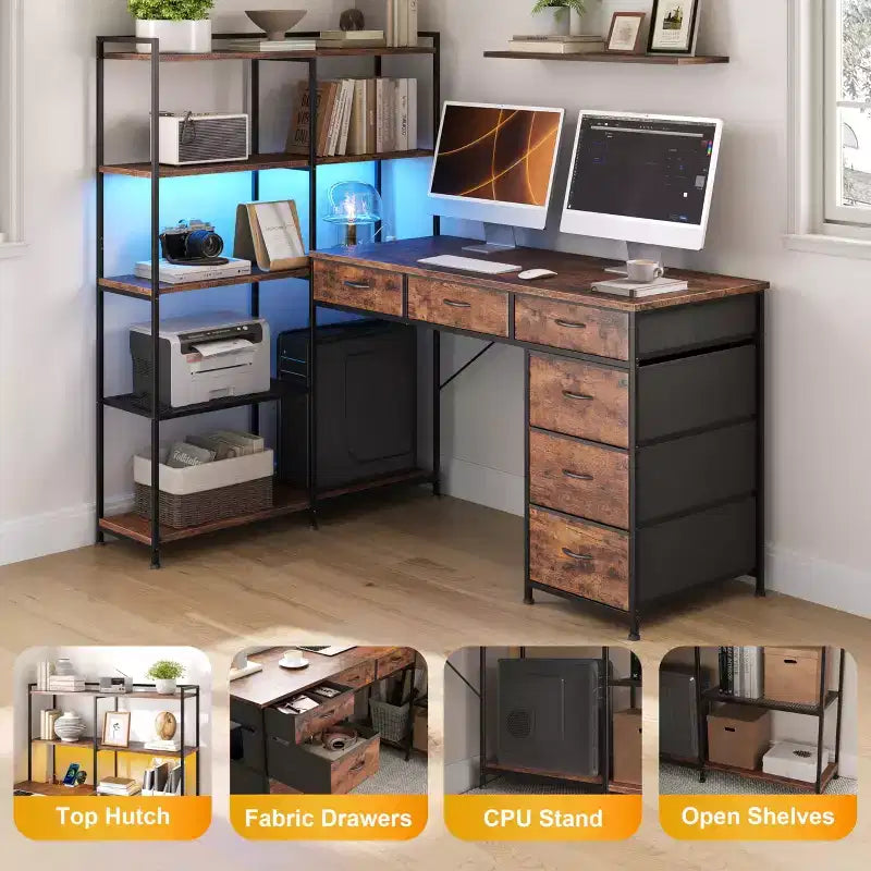 Bureau d'ordinateur en L de 120 cm avec 6 tiroirs et 5 étagères, bureau de jeu d'angle réversible avec lumières LED et prises de courant