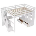 Lit mezzanine pleine grandeur avec escalier et bureau, cadre de lits mezzanine en bois avec tiroirs de rangement et étagères pour adultes, adolescents et enfants