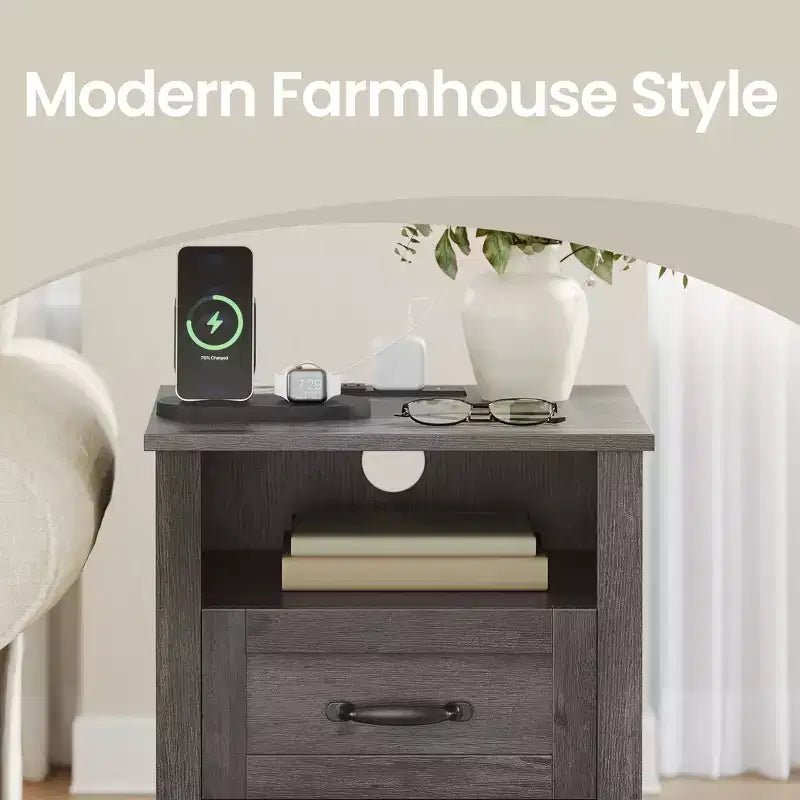 Lot de 2 tables de chevet de ferme avec port de chargement USB - Tables de nuit à 2 tiroirs, design rustique et moderne