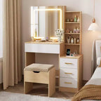 Coiffeuse moderne DobleePy avec miroir coulissant et lumières LED, 4 tiroirs, 7 étagères, station de recharge et tabouret, table de maquillage pour chambre à coucher