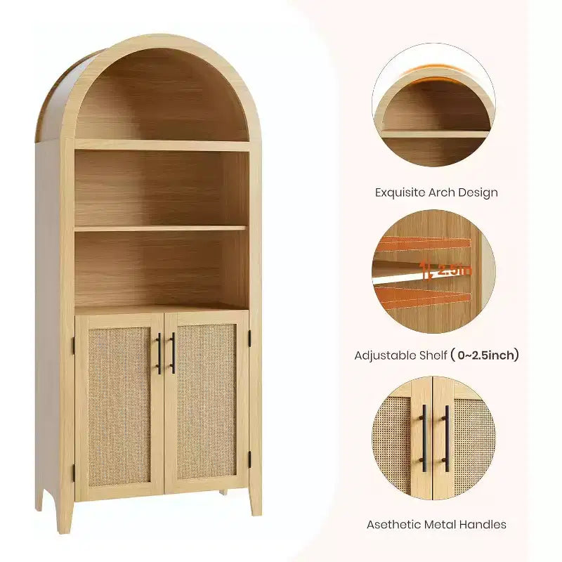 Acekool Armoire de cuisine bombée avec portes en rotin, meuble de rangement de ferme à 5 niveaux pour cuisine, salle à manger, salon