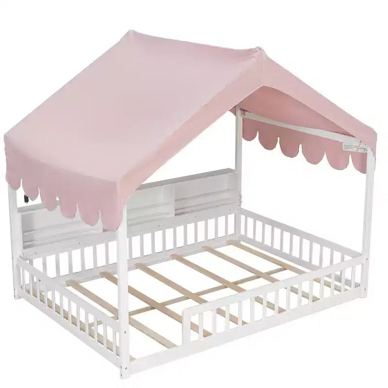 Cadre de lit en bois pleine grandeur Whisen, lit de repos en forme de maison avec clôture, 3 étagères de rangement, rideau