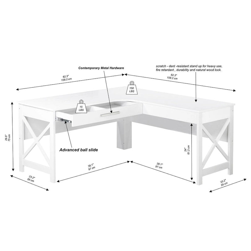 Bureau en L de style ferme moderne Alaska avec tiroir