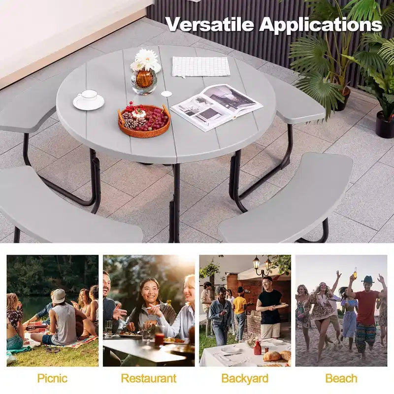 Costway Table de pique-nique ronde d'extérieur 8 places avec 4 bancs et trou pour parasol Noir/Gris/Vert/Blanc