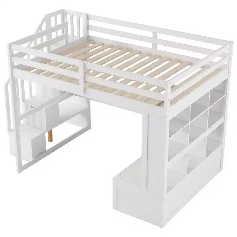 Lit mezzanine pleine grandeur avec escalier et bureau, cadre de lits mezzanine en bois avec tiroirs de rangement et étagères pour adultes, adolescents et enfants