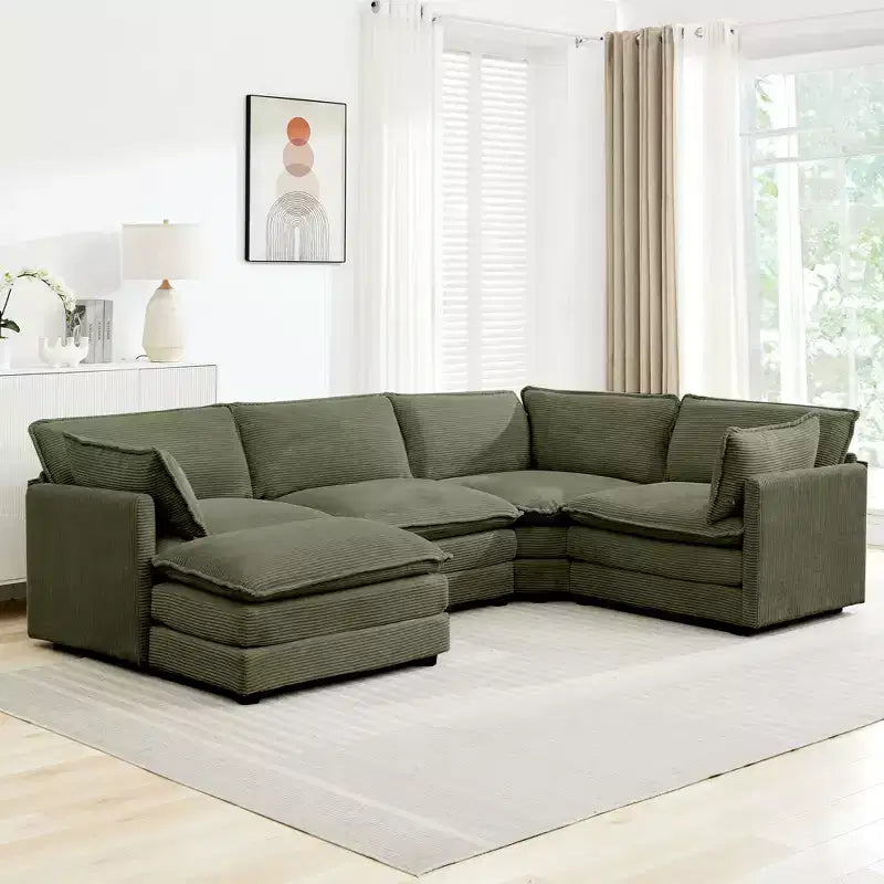 Canapé modulaire moderne 5 places en velours côtelé, surdimensionné, 113,4 po (L) x 79,13 po (l), avec pouf, canapé en U avec coin salon, HYLEORY