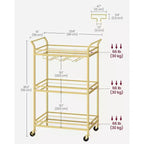 Chariot de bar, Desserte de bar à domicile, Petit chariot de bar avec étagère à 3 niveaux, Range-bouteilles, Porte-verres, Chariot de bar, 38 x 60 x 92 cm
