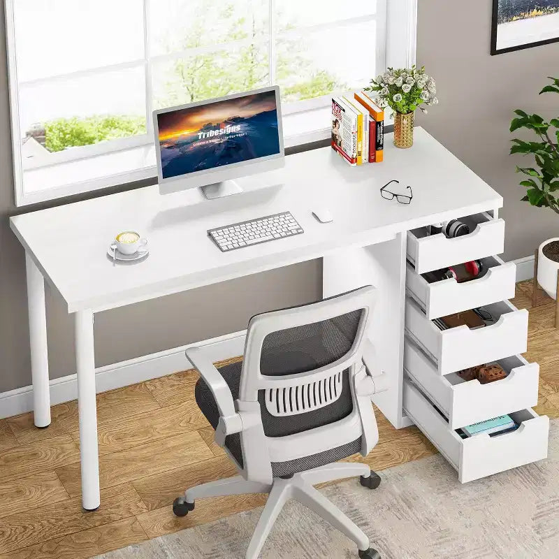Bureau d'ordinateur Lantine avec 5 tiroirs, bureau moderne et simple de 119 cm pour la maison, le bureau et l'étude, idéal pour les petits espaces