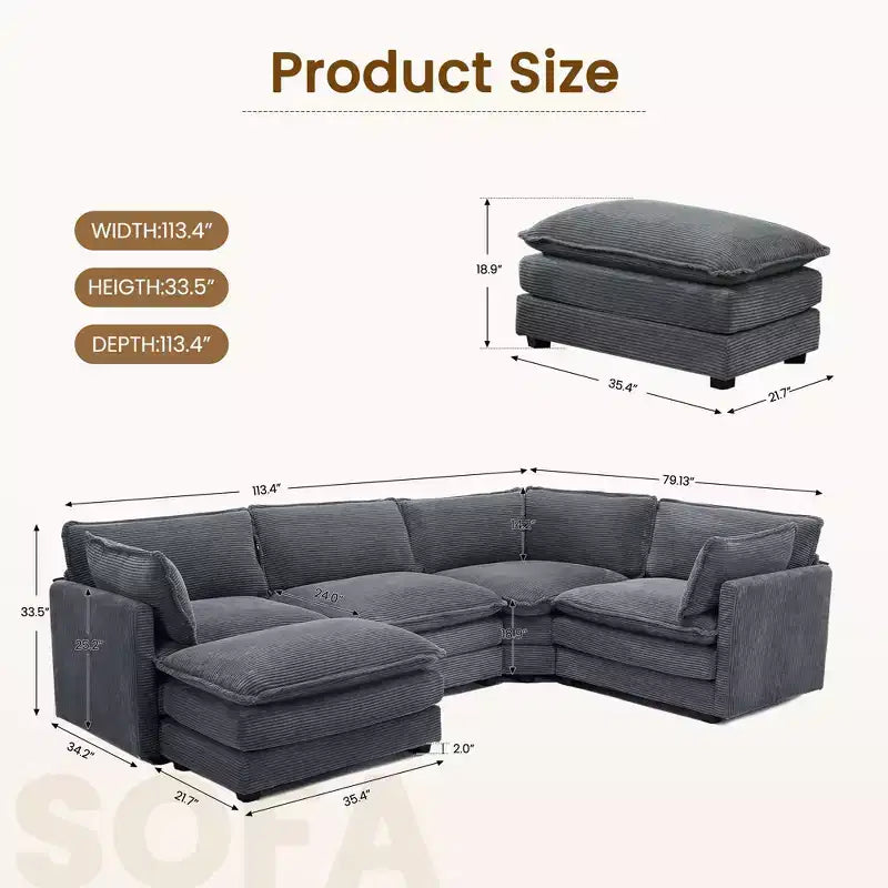 Canapé modulaire moderne 5 places en velours côtelé, surdimensionné, 113,4 po (L) x 79,13 po (l), avec pouf, canapé en U avec coin salon, HYLEORY