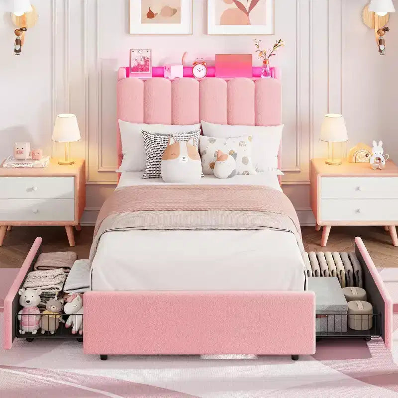 Cadre de lit avec tête de lit de rangement, cadre de lit pour enfant avec 2 tiroirs, lit plateforme capitonné en tissu, tête de lit profilée avec bibliothèque