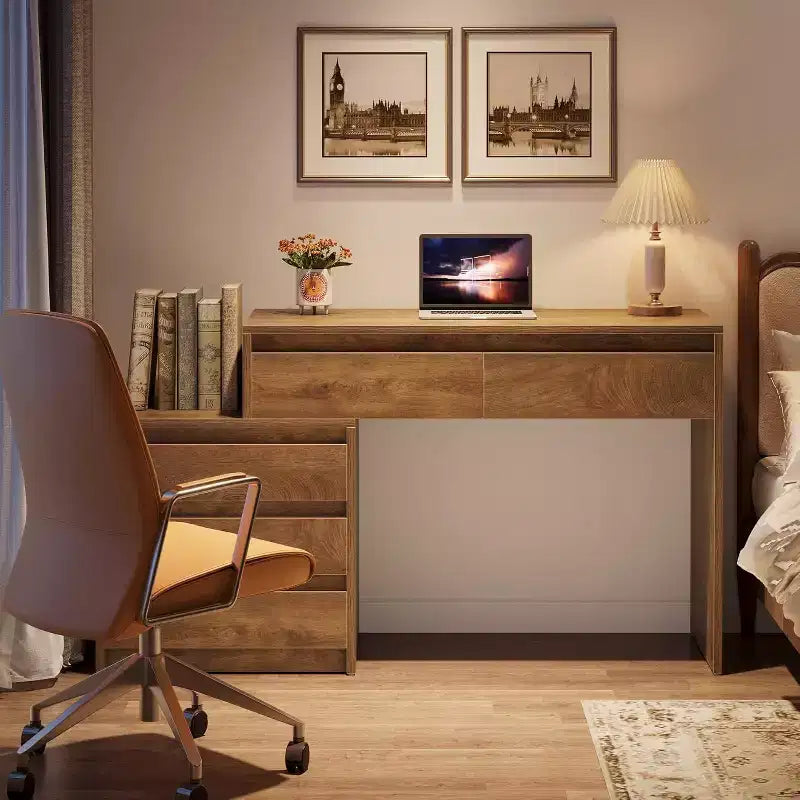 Bureau informatique Lantine avec 5 tiroirs, bureau de direction en bois avec meuble de classement et support pour imprimante pour bureau à domicile, petits espaces