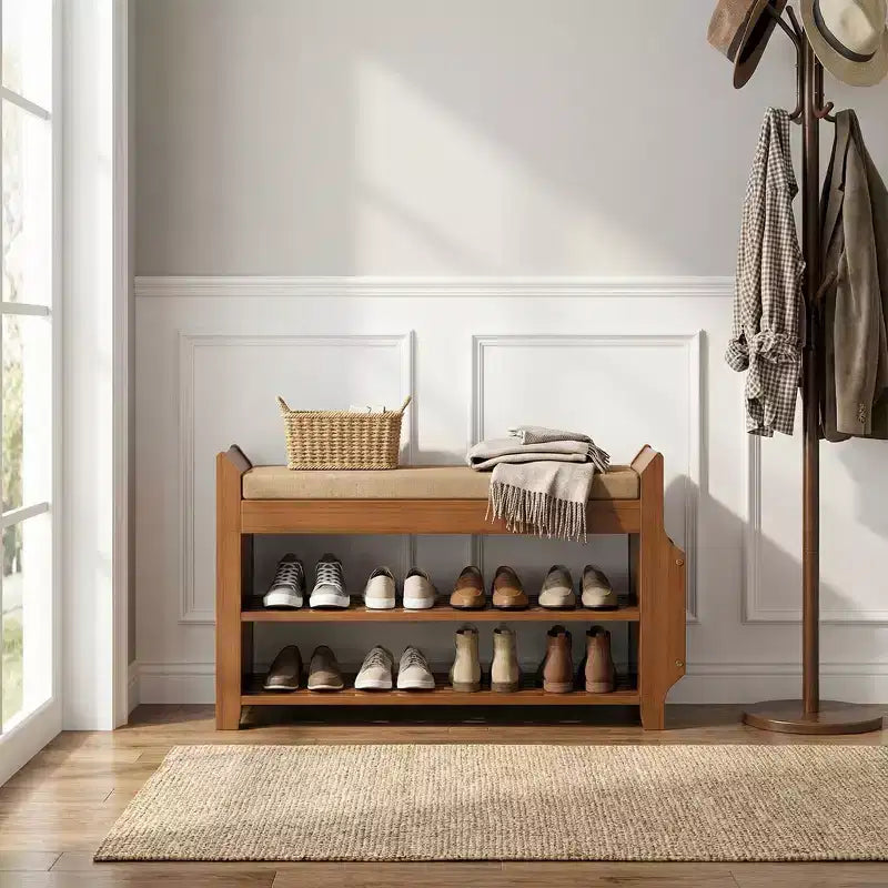 Banc à chaussures en bambou ELECWISH 31,5 avec rangement - Étagère à chaussures à 2 niveaux, tiroir caché et organisateur latéral, marron