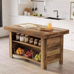 Lantine Table Îlot de Cuisine 140 cm avec Rangement, Table Îlot Fixe en Bois à 3 Niveaux, Table de Bar Moderne avec Étagère de Rangement pour Cuisine, Marron Rustique
