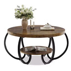 Table basse industrielle ronde de 30 pouces à 2 niveaux avec pieds réglables, étagère à grain de bois, motif flamme, assemblage facile, salon