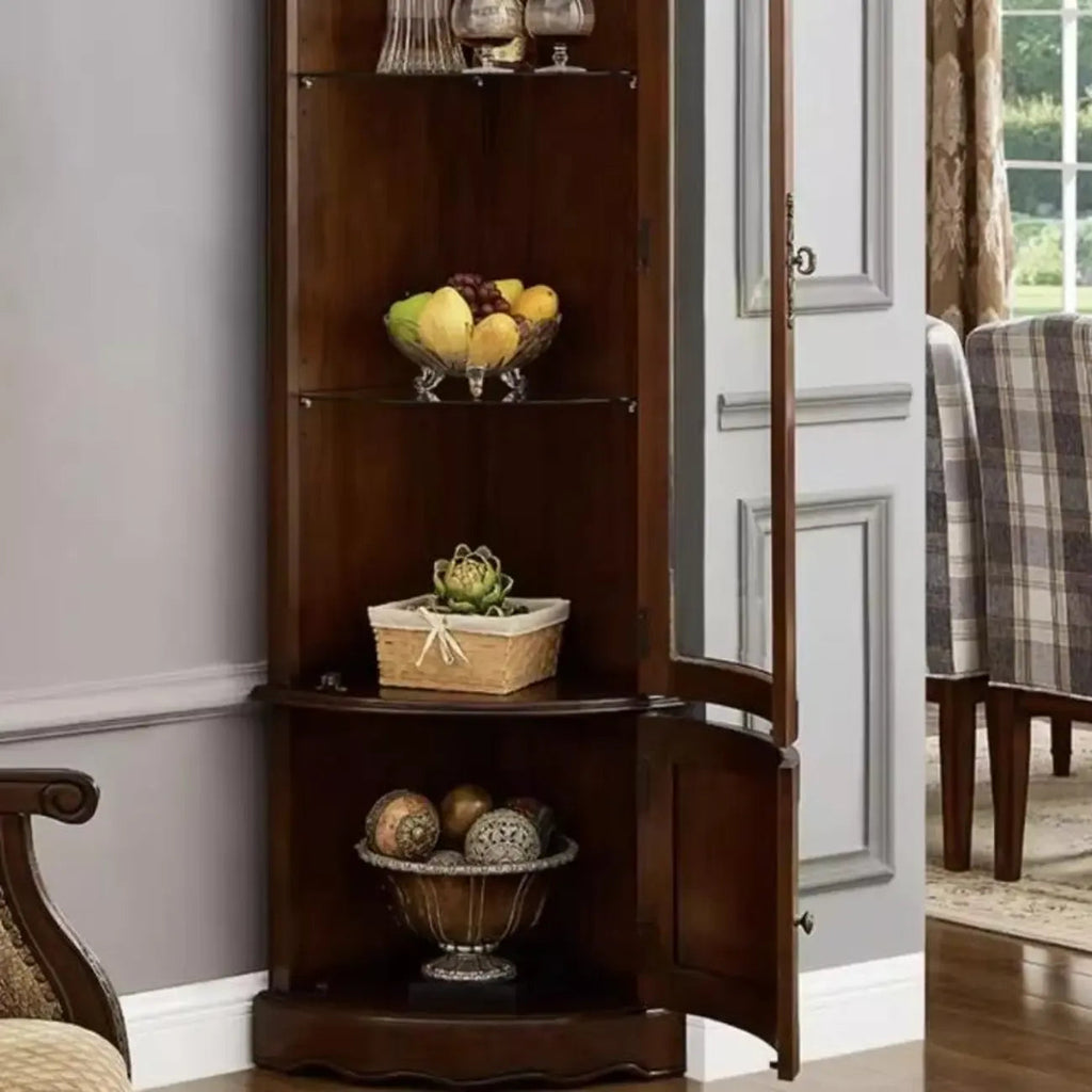 Meuble d'angle classique en bois d'hévéa marron avec porte vitrée