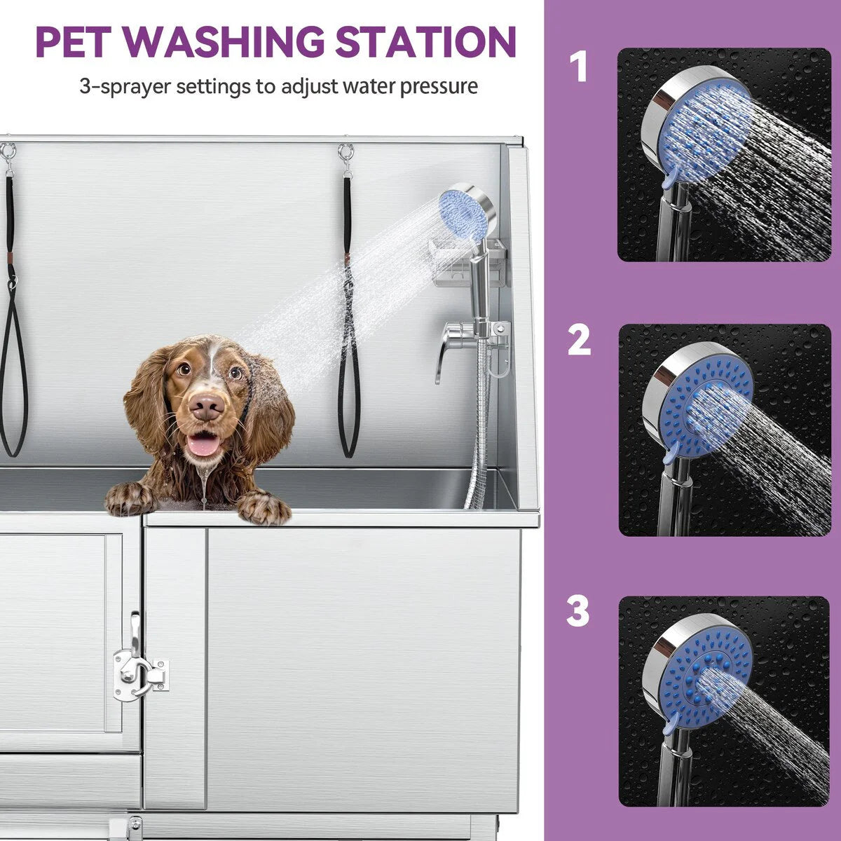 Baignoire de toilettage pour animaux en acier inoxydable de 50 po avec rampe d'accès réglable