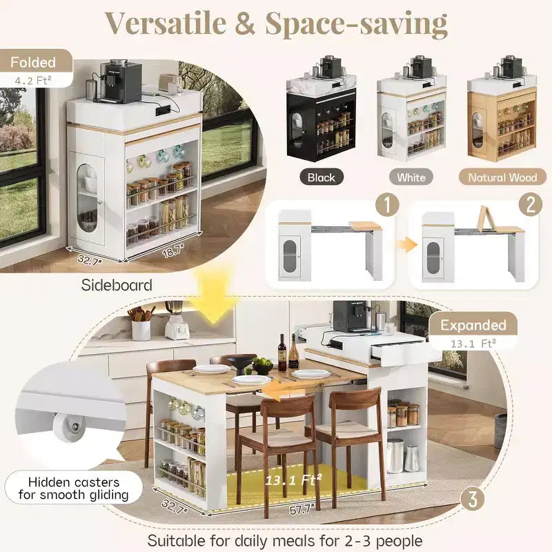 Table à manger extensible Whisen, table îlot mobile roulante avec 3 rallonges amovibles, meuble de rangement