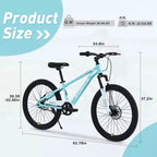 NAYSAYE Vélo VTT Enfant 24 Pouces avec Fourche Suspendue Cadre en Acier pour Enfants de 9 à 12 Ans, Cyan, 63.78*24.8*37.2