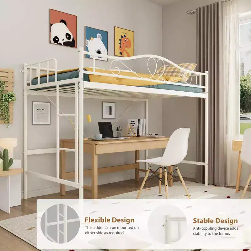 Lit mezzanine double avec échelle amovible et garde-corps de sécurité intégral, lit mezzanine double avec cadre en métal robuste d'une capacité de 180 kg, gain de place.