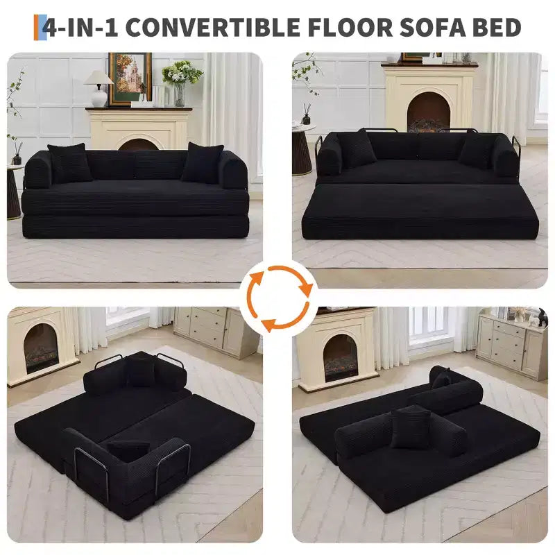 78.7 Canapé-lit futon 4-en-1 sans accoudoirs en velours côtelé, causeuse pliante avec oreillers (aucun assemblage requis)