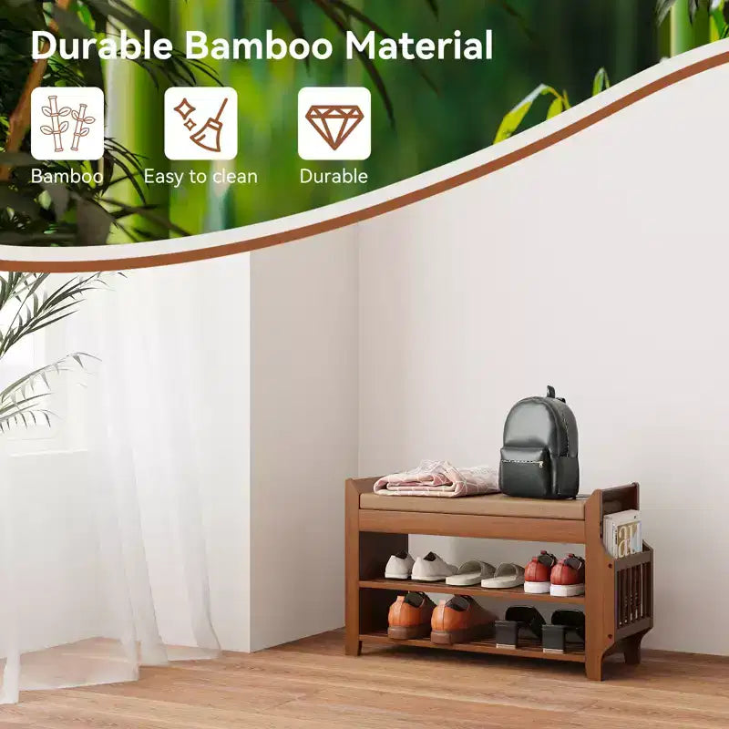 Banc à chaussures en bambou ELECWISH 31,5 avec rangement - Étagère à chaussures à 2 niveaux, tiroir caché et organisateur latéral, marron