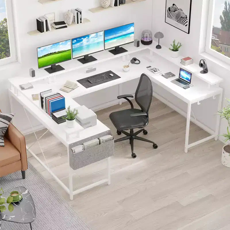 COZONY Bureau de jeu en forme de U/L 78", bureau d'ordinateur réversible avec prises de courant, lumières LED, support de moniteur et étagère de rangement, bureau d'angle pour le bureau à domicile