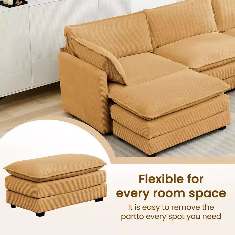 Canapé modulaire moderne 5 places en velours côtelé, surdimensionné, 113,4 po (L) x 79,13 po (l), avec pouf, canapé en U avec coin salon, HYLEORY