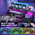 Bureau d'angle en L de 165 cm avec LED RVB, support d'écran et armoire de rangement – 1 personne | Blanc / Chêne / Gris anthracite / Noir
