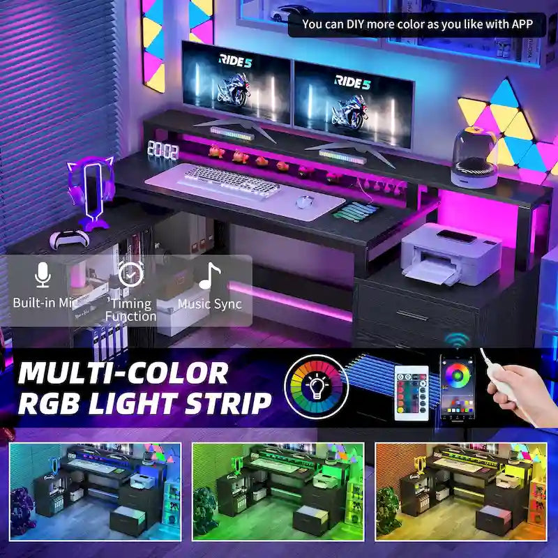 Bureau d'angle en L de 165 cm avec LED RVB, support d'écran et armoire de rangement – 1 personne | Blanc / Chêne / Gris anthracite / Noir