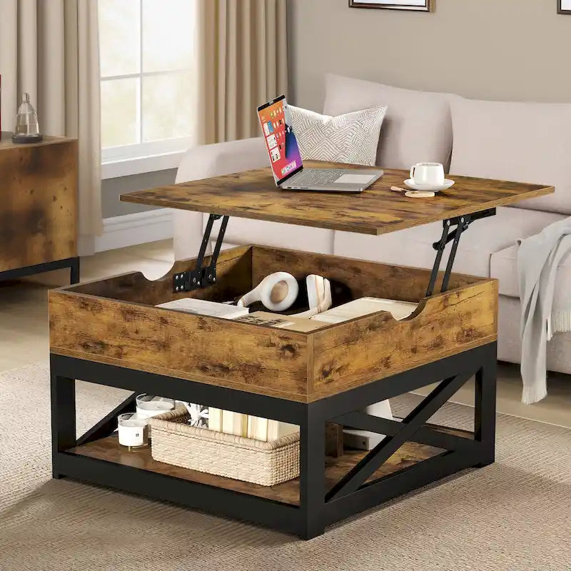 Table basse carrée à plateau relevable Moasis Farmhouse avec étagère de rangement pour salon