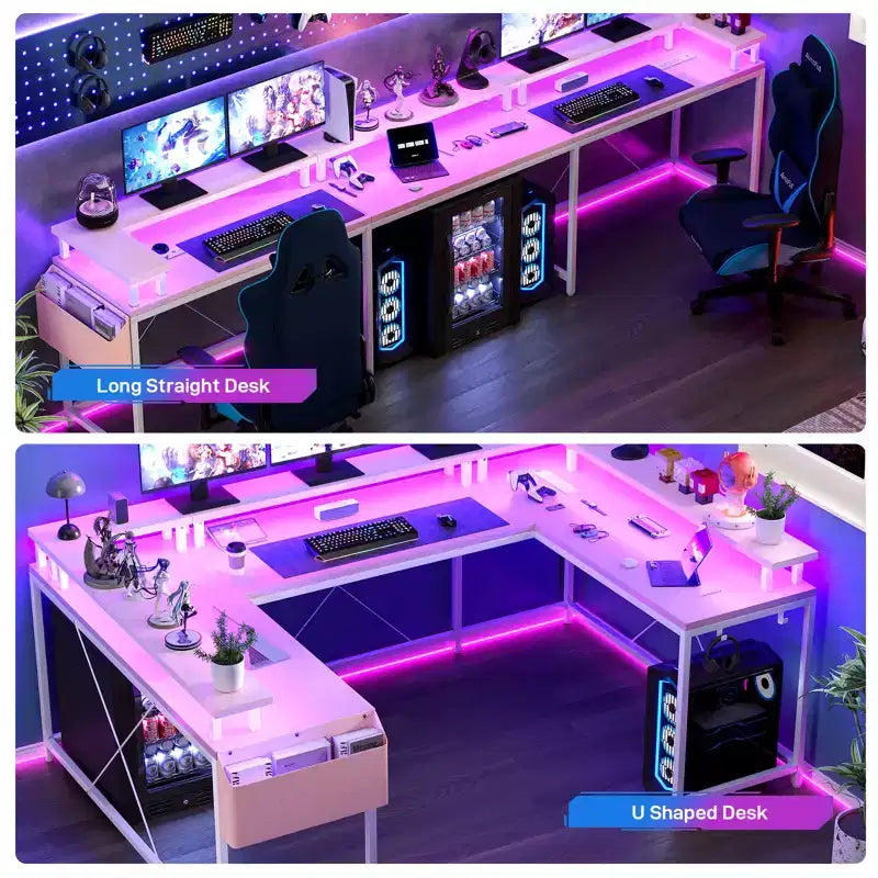 COZONY Bureau de jeu en forme de U/L 78", bureau d'ordinateur réversible avec prises de courant, lumières LED, support de moniteur et étagère de rangement, bureau d'angle pour le bureau à domicile