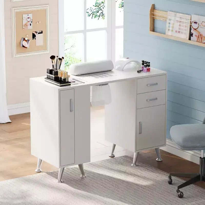 Table de manucure de 42 po pour prothésiste ongulaire avec aspirateur de poussière et repose-poignets, table à ongles avec casier vertical coulissant, 1 armoire de rangement, 2 tiroirs