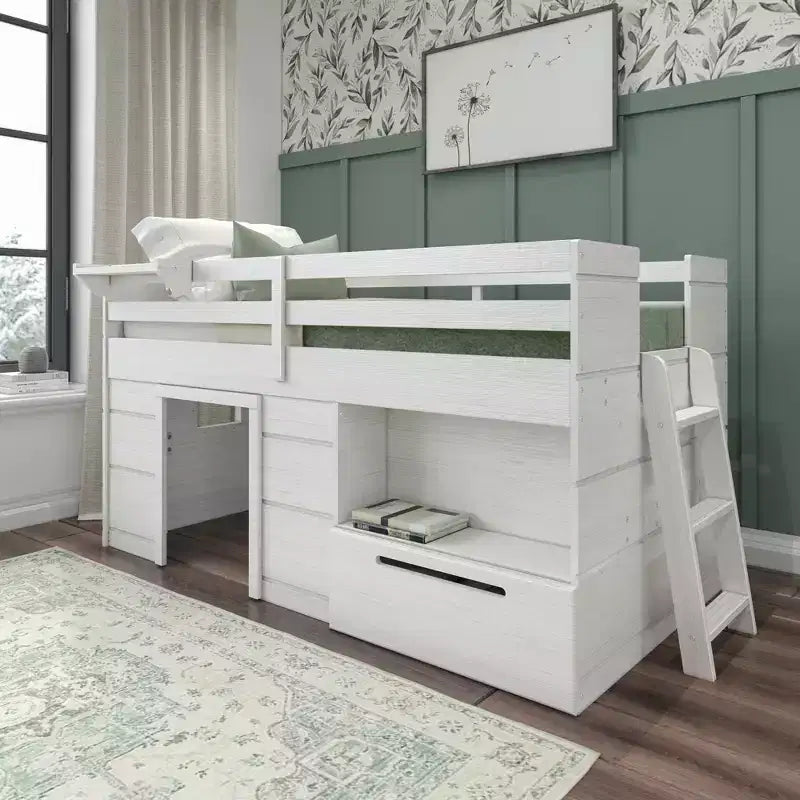 Lit mezzanine bas Max & Lily Modern Farmhouse avec tiroir de rangement, lit en bois massif pour enfants