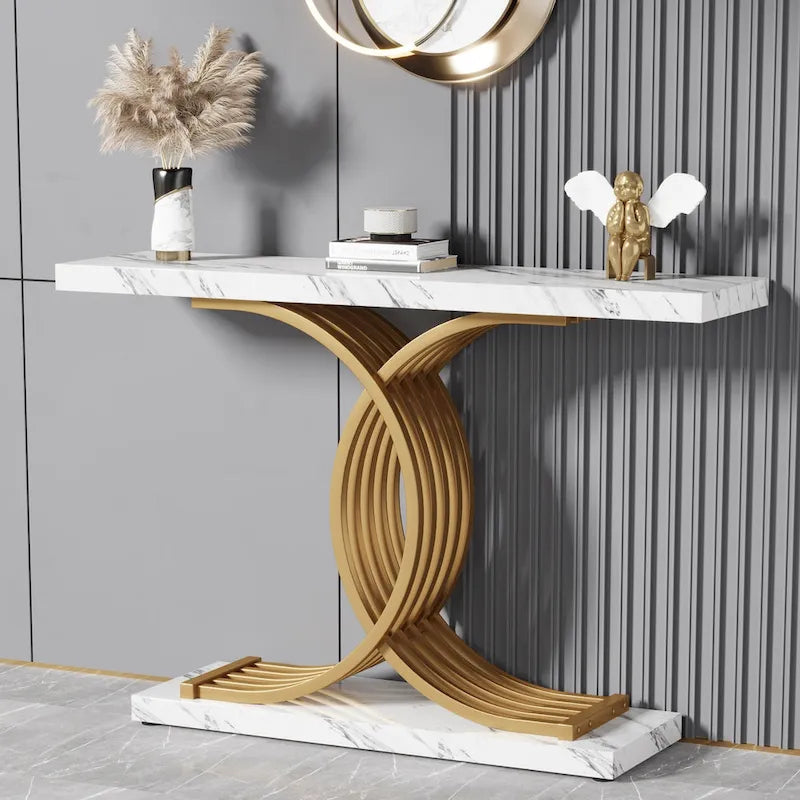 Table console moderne noire/dorée avec plateau en faux marbre, table d'entrée en bois de 99 cm avec pieds métalliques géométriques
