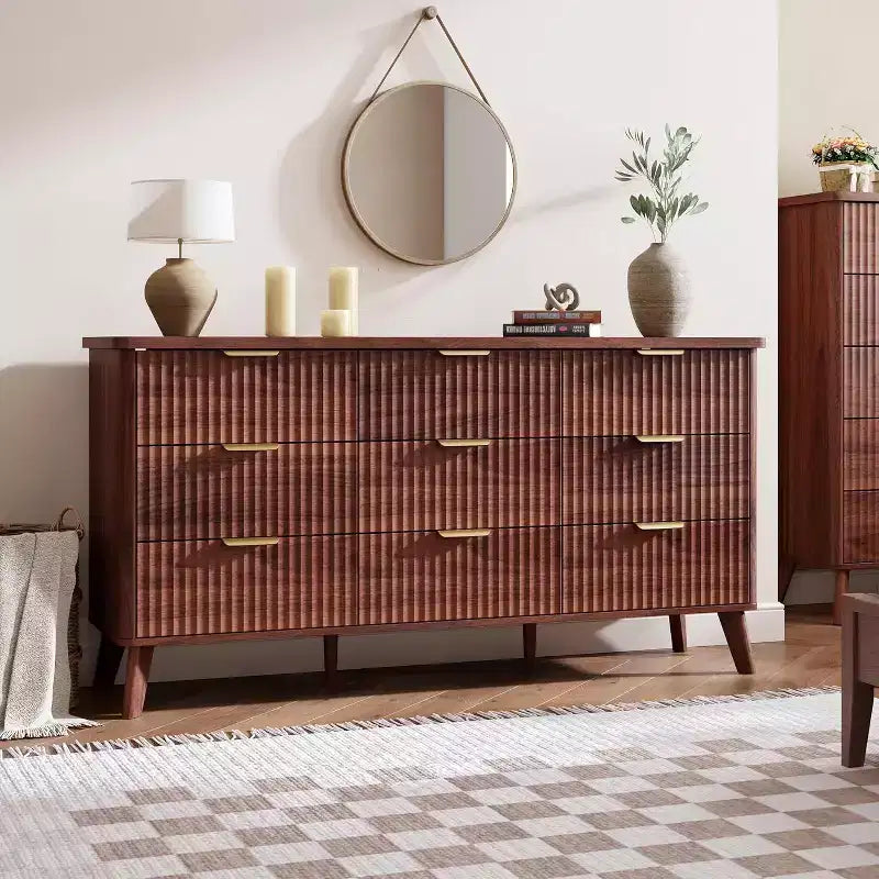 Commode cannelée à 9 tiroirs, 154 cm de large, en bois, avec rangement profond, pour chambre à coucher, salon ou couloir