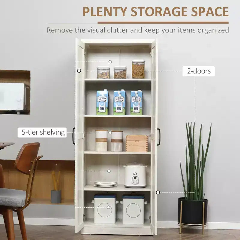 Garde-manger de cuisine 2 portes de 160 cm, meuble de rangement autoportant avec 5 étagères et 2 étagères réglables pour salle à manger