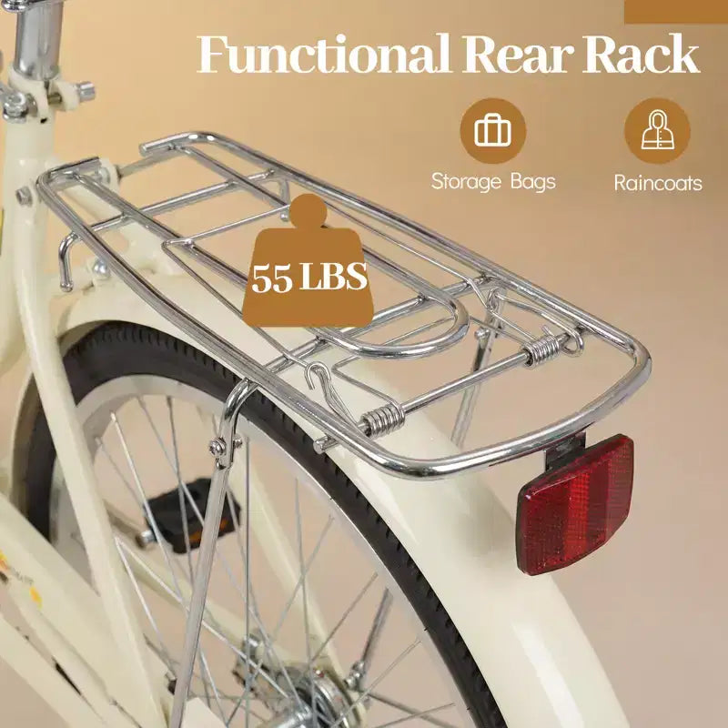 Vélo de ville Gymax Beach Cruiser 24 pouces avec selle réglable, panier tressé et porte-bagages arrière