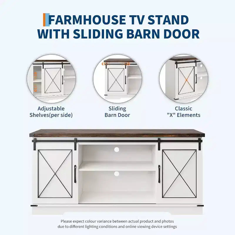 Meuble TV de style ferme pour téléviseurs jusqu'à 65 pouces, meuble de divertissement avec portes coulissantes de grange et armoires de rangement, console multimédia pour salon, chambre à coucher