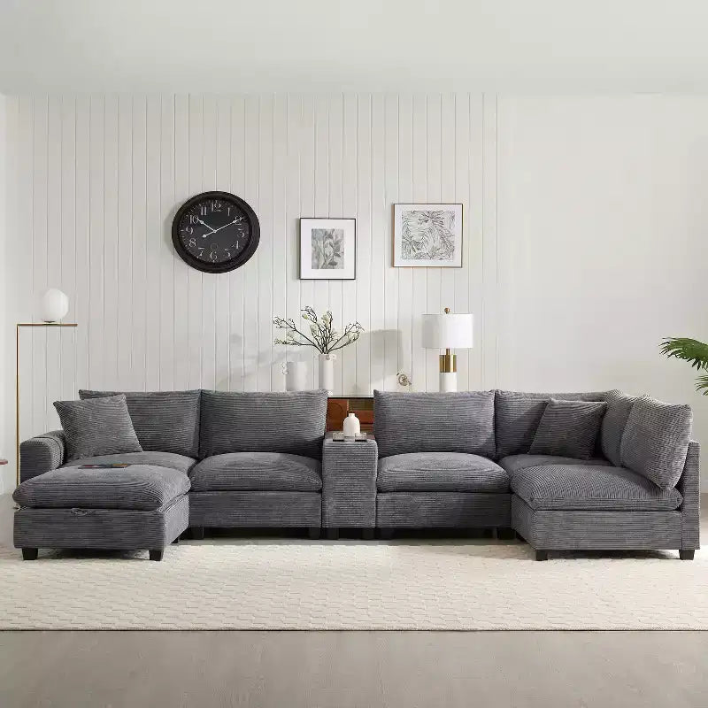 Canapé sectionnel modulaire surdimensionné Clihome 140 avec pouf de rangement mobile, porte-gobelet, assise large, chargeur USB, canapé en velours côtelé en forme de U à 6 places