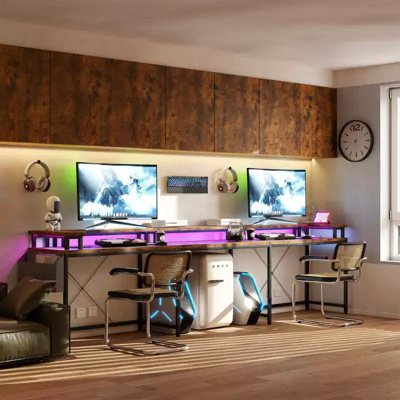 COZONY Bureau de jeu en forme de U/L 78", bureau d'ordinateur réversible avec prises de courant, lumières LED, support de moniteur et étagère de rangement, bureau d'angle pour le bureau à domicile