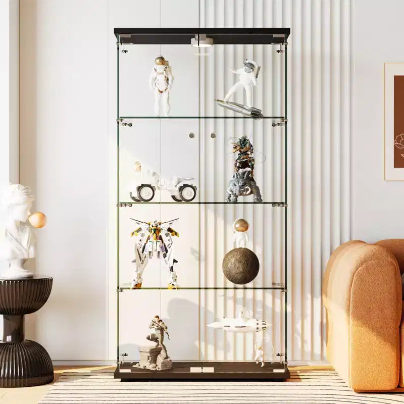 Vitrine d'exposition en verre trempé à 4 niveaux, vitrine entièrement vitrée avec lumières LED et capteur de corps humain, armoire de rangement pour objets de collection et décoration.