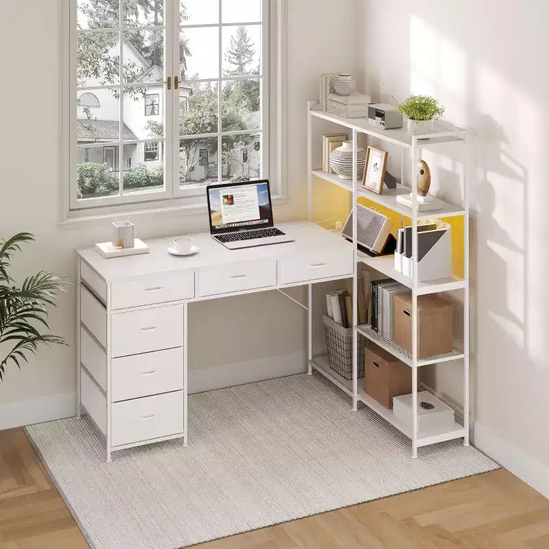 Bureau d'ordinateur en L de 120 cm avec 6 tiroirs et 5 étagères, bureau de jeu d'angle réversible avec lumières LED et prises de courant