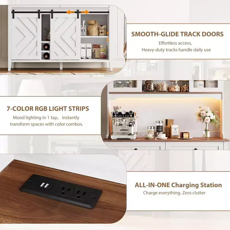 Meuble de bar de ferme 72 po avec porte coulissante de style grange Grand buffet de cuisine avec huche, station de recharge, 2 tiroirs et 8 étagères de rangement Café